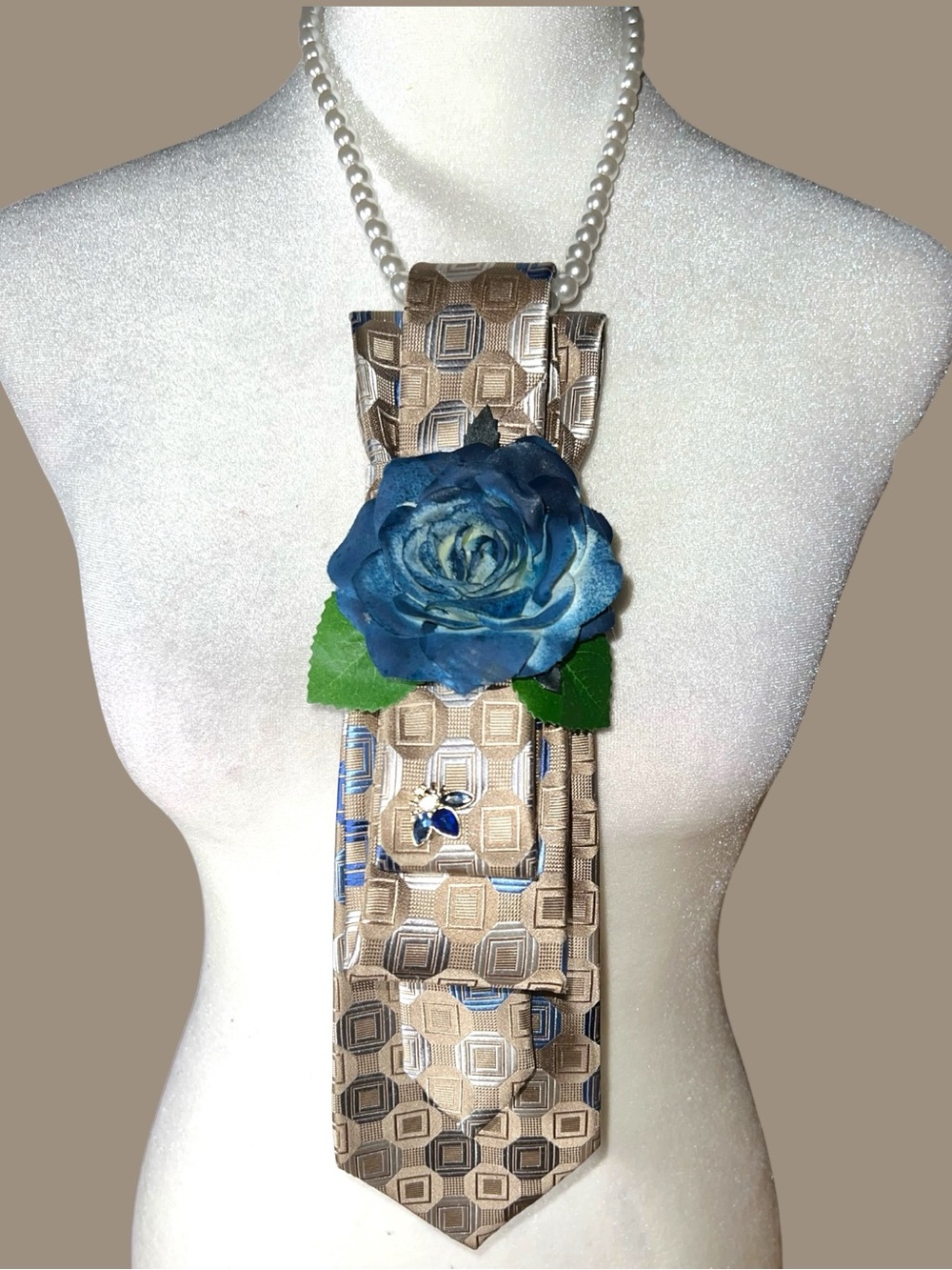 Blue Rose Statement Necklace with Beige Geometric Tie Accent